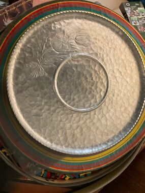 Mcm decorated aluminum platter signed.